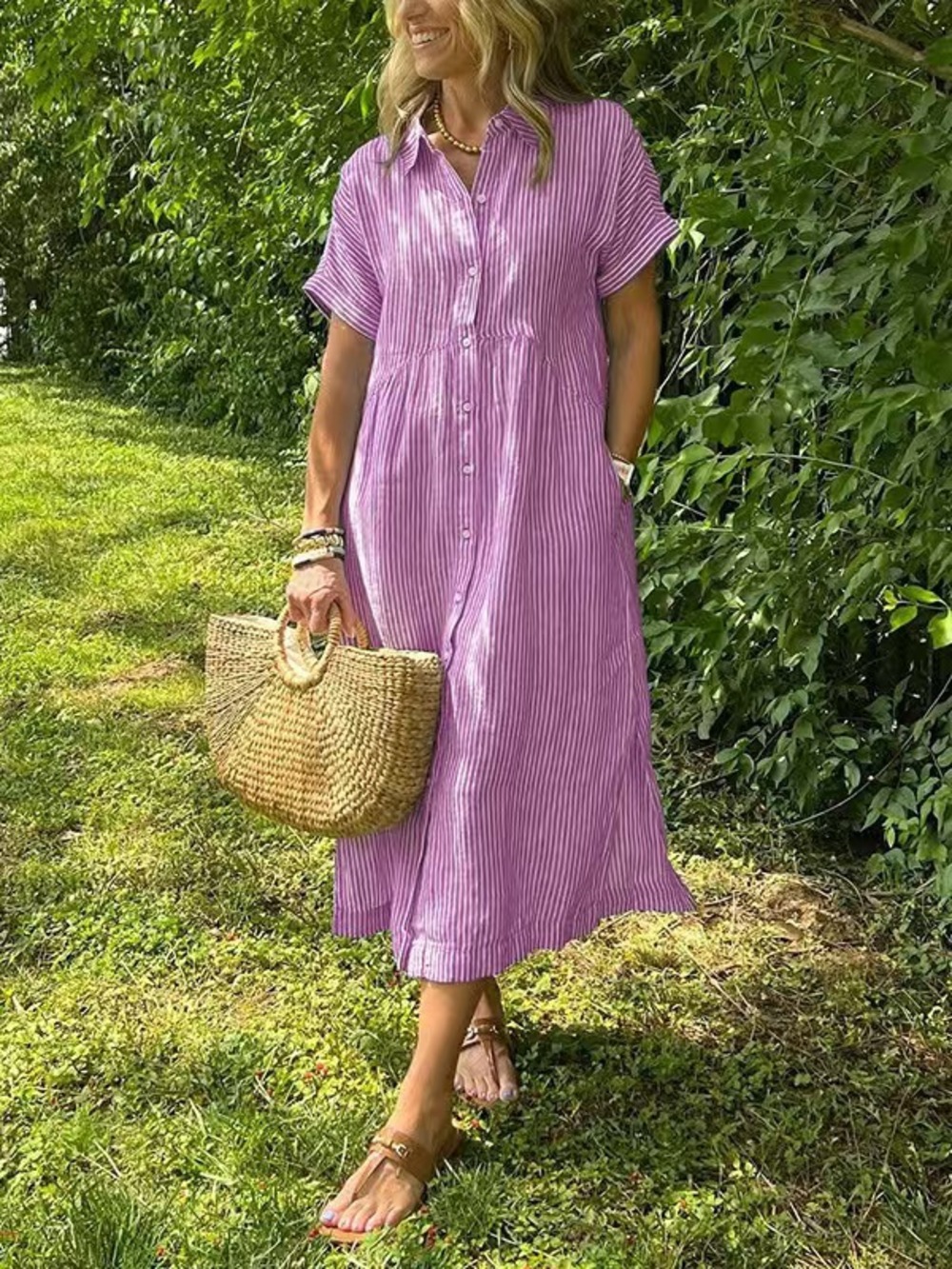 Women's Lilac Striped Collared Short-Sleeve Relaxed Maxi Shirt Dress